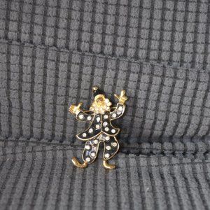 Vintage Brooch Pin Clown Two Connected Pieces Rhinestones Black Golden Unknown 2